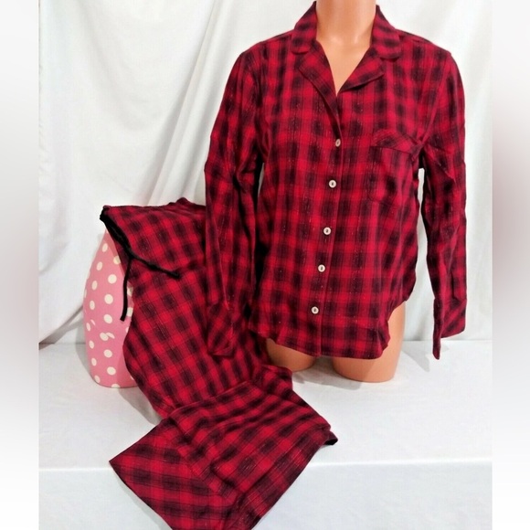 Victorias Secret THE FLANNEL Pajama Set RED SHIMMER PLAID Size L - Picture 2 of 7